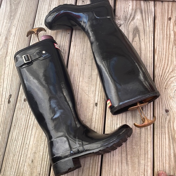 HUNTER Original Gloss Black.Rubber KNEE HIGH Wellies RUBBER Rain Boots Size 5 - Picture 6 of 14